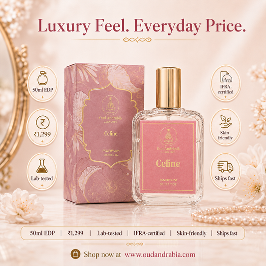 Celine perfume bottle and packaging with product features on a decorative background