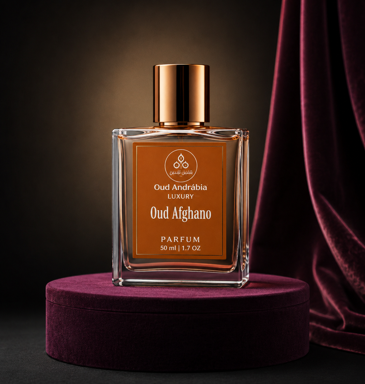 Oud Andrabia Luxury Oud Afghano parfum bottle on a dark background with a red fabric.