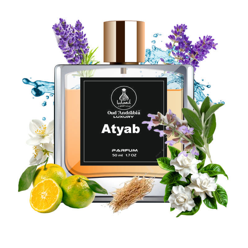 Perfume bottle labeled 'Atyab' surrounded by flowers and fruits on a white background.