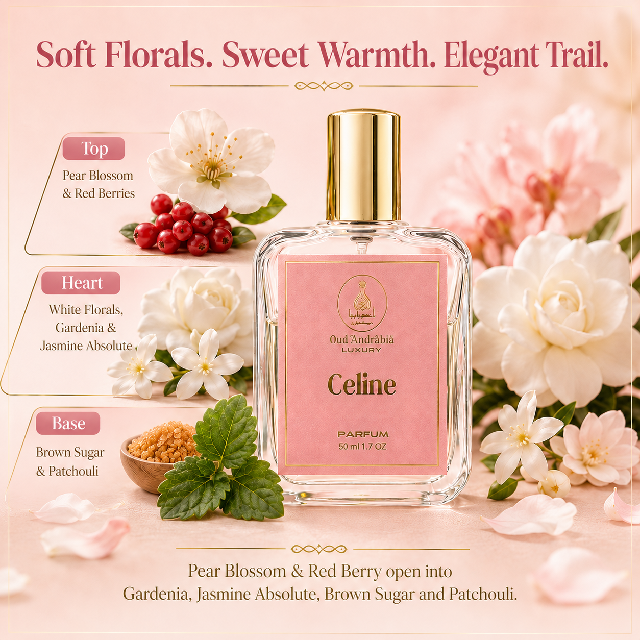 Perfume bottle labeled 'Celine' with floral elements and product description text on a soft pink background.