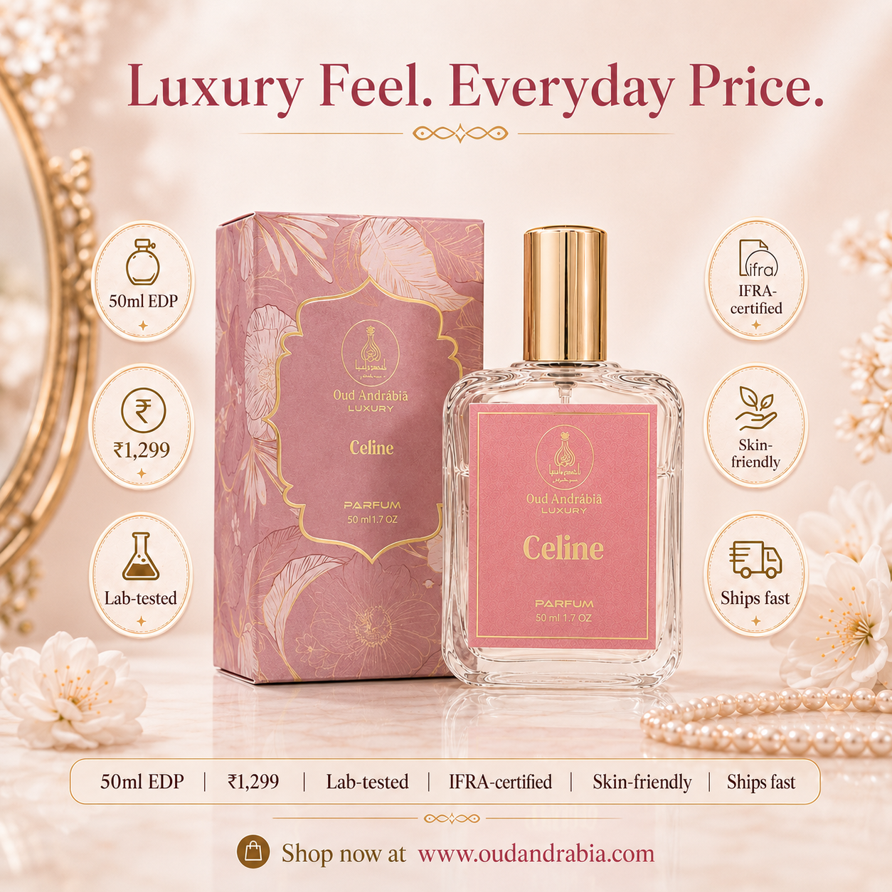 Celine perfume bottle and packaging with product features on a decorative background