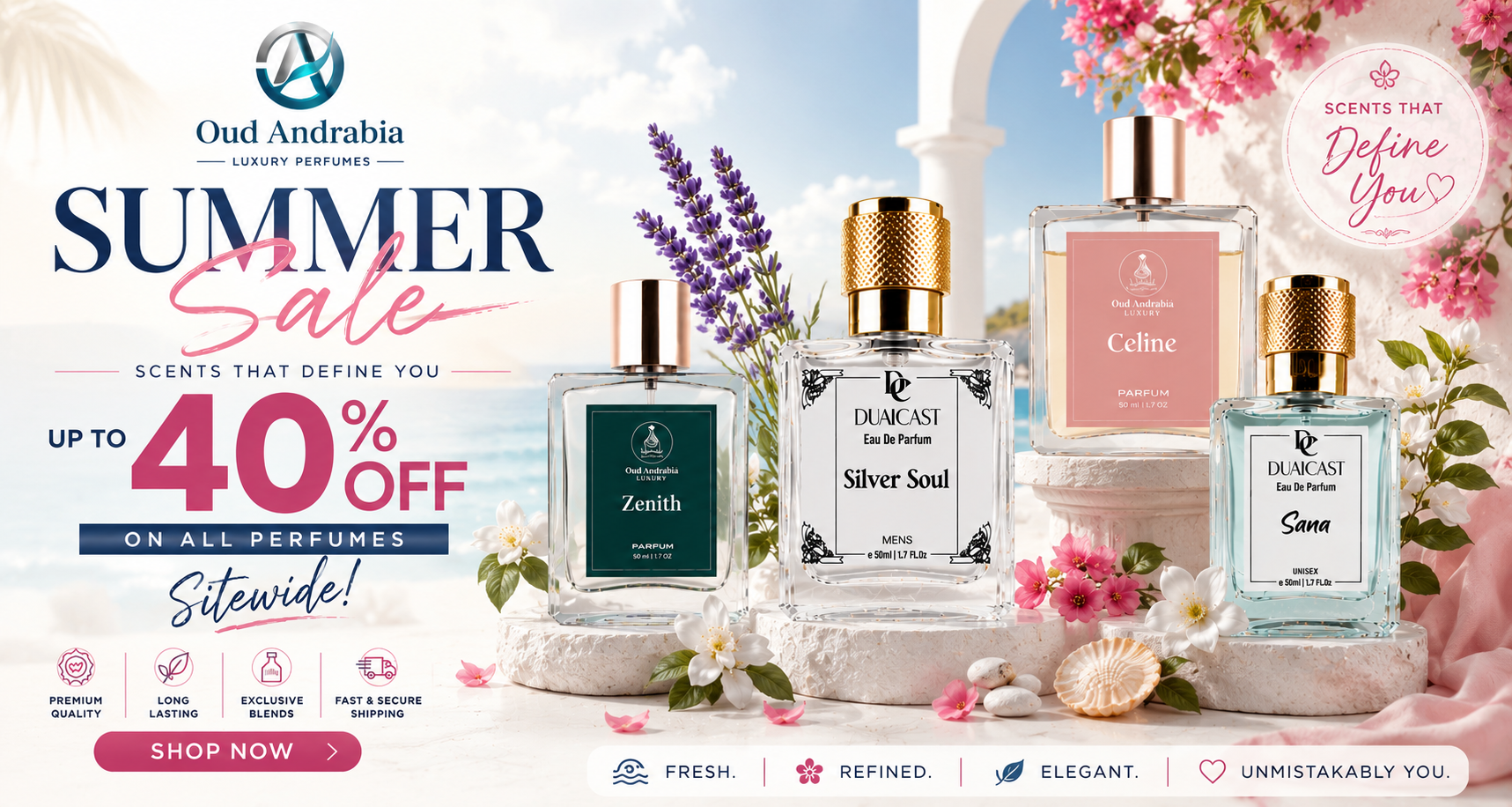 Oud Andrabia perfume bottles with flowers and promotional text for a summer sale.