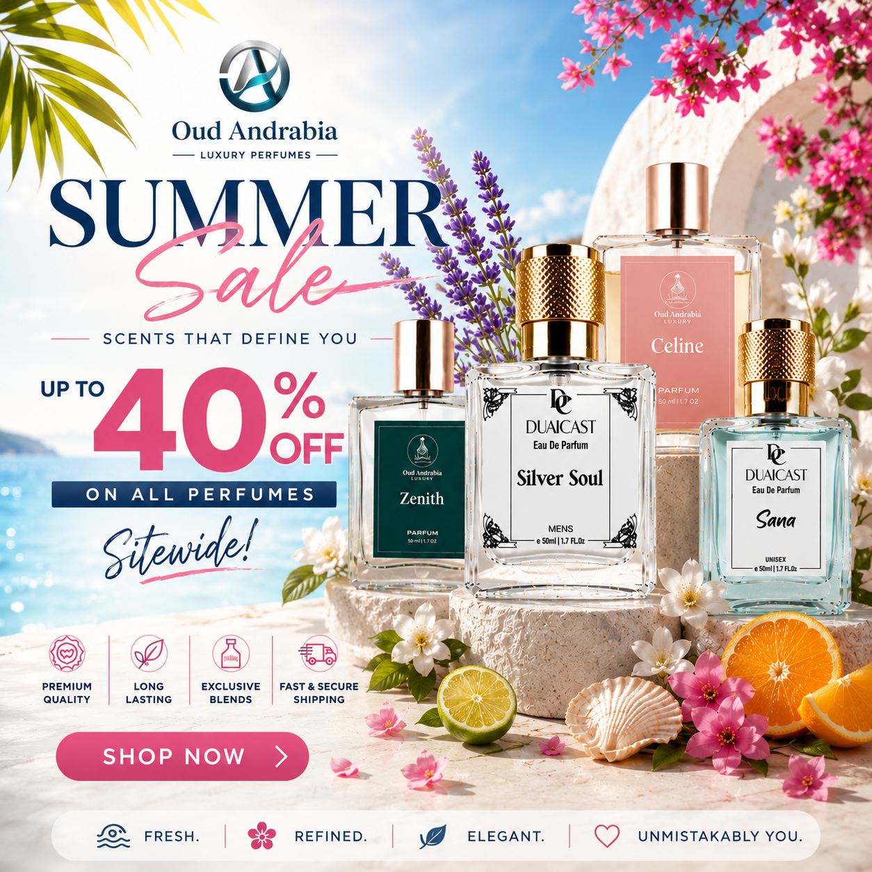 Oud Andrabia perfume sale advertisement with various perfume bottles and summer-themed elements.