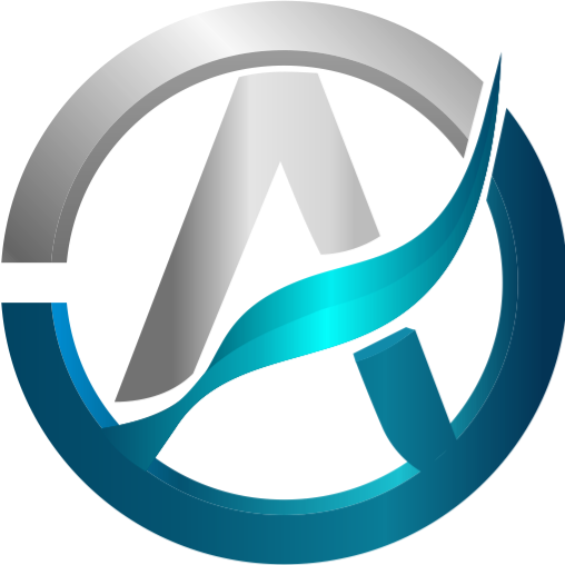 Logo with a stylized letter 'A' in blue and gray on a white background