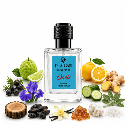 Oasis | Long-Lasting Unisex Perfume | 50ml - Oud AndrabiaEau de ParfumA clear rectangular perfume bottle labeled DUALCAST Eau De Parfum Oasis, centered on a white background with fragrance ingredients arranged around it, including citrus slices, cucumber, iris flowers, berries, vanilla, amber beads, wood chips, and white crystals.