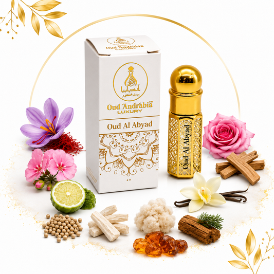 Oud Al Abyad perfume bottle and packaging with flowers and spices on a white background