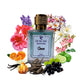 DuaCast Sana perfume bottle surrounded by flowers and fruits on a white background
