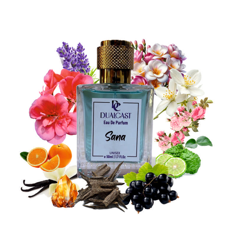 DuaCast Sana perfume bottle surrounded by flowers and fruits on a white background