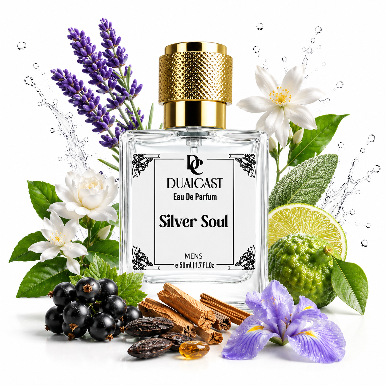 Perfume bottle labeled 'Silver Soul' surrounded by flowers and fruits on a white background