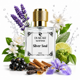 Perfume bottle labeled 'Silver Soul' surrounded by flowers and fruits on a white background