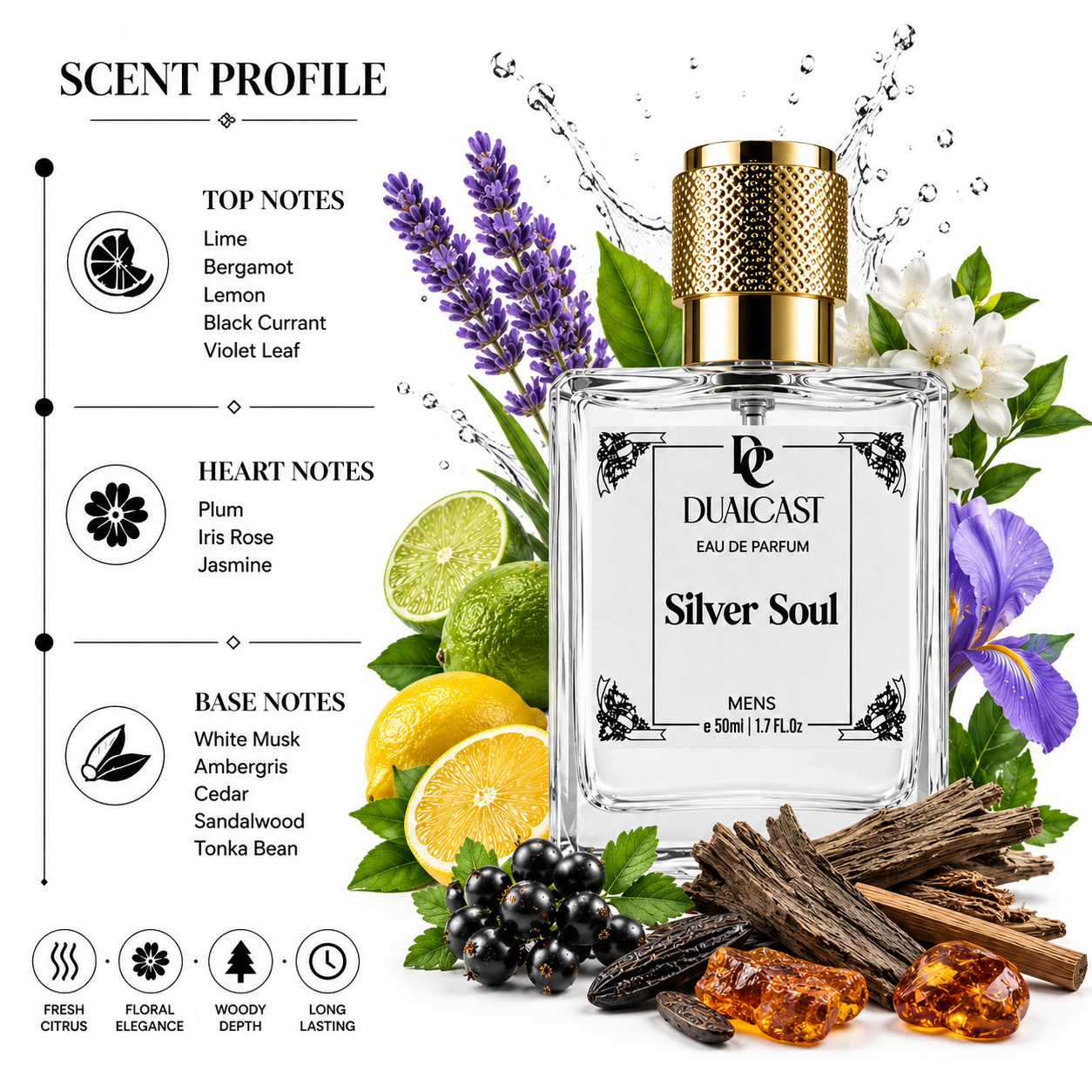 Perfume bottle labeled 'Silver Soul' with floral and fruit elements on a white background