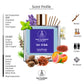Perfume bottle with scent profile details and botanical elements on a white background