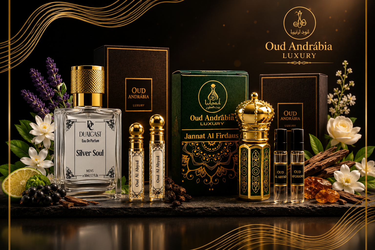 Oud Andrabia luxury perfume set with flowers and packaging on a dark background