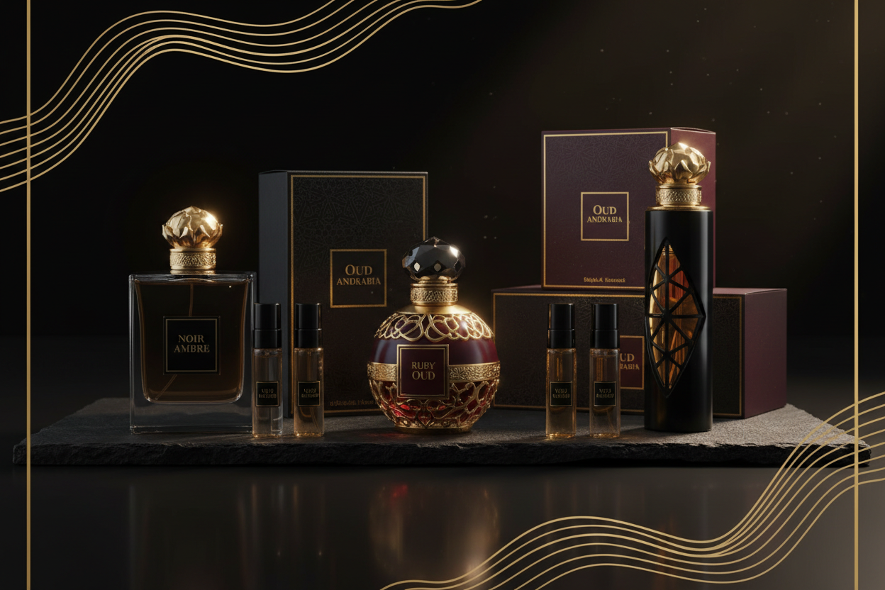Put some Oud Andrabia Perfume Bottles on one background
